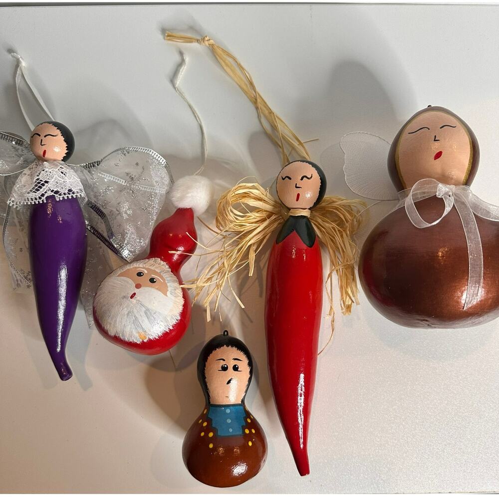 Handmade Christmas Gourd Ornaments Lot of 5 Santa Angel Primitive Folk Art
